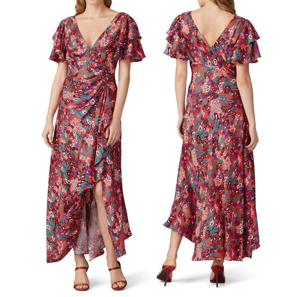 Tanya Taylor Clementine Animal Print Midi Dress Leopard Red Silk Lux US18 FLAWED